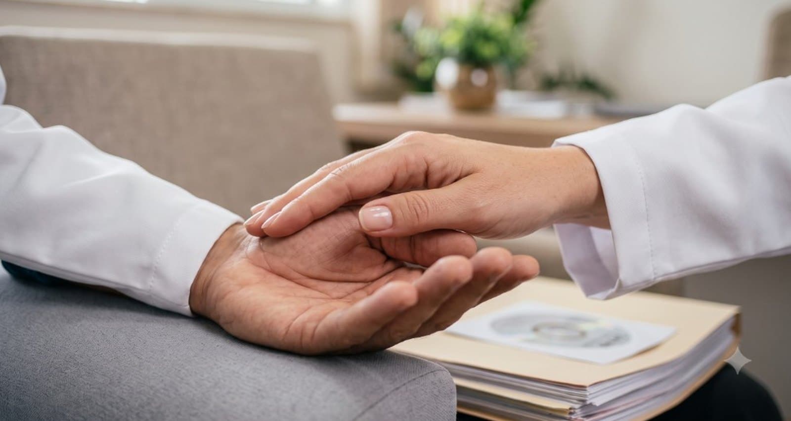 Médico acolhendo paciente durante consulta — gesto de confiança na segunda opinião